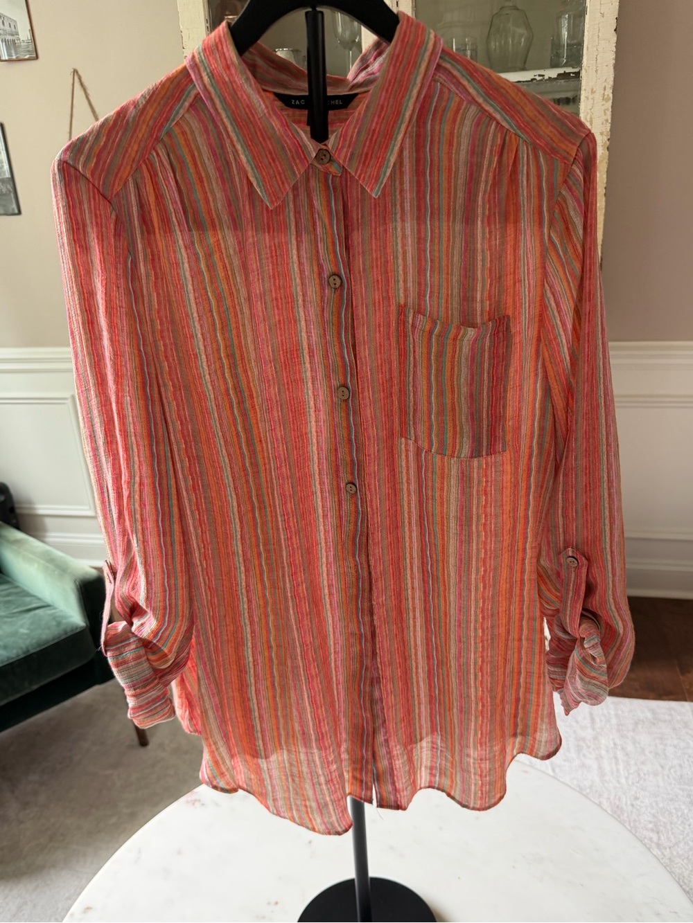 Zac & Rachel Multicolor Metallic Striped Button Down Shirt Boho Size XL